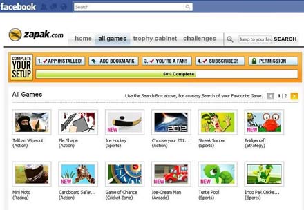 games facebook. There are over 30 various games embedded within Zapak's Facebook application 